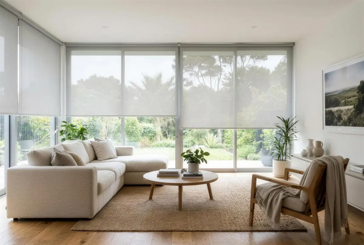 Sunscreen roller blinds in a bright modern Auckland living room, cutting glare while keeping the garden view