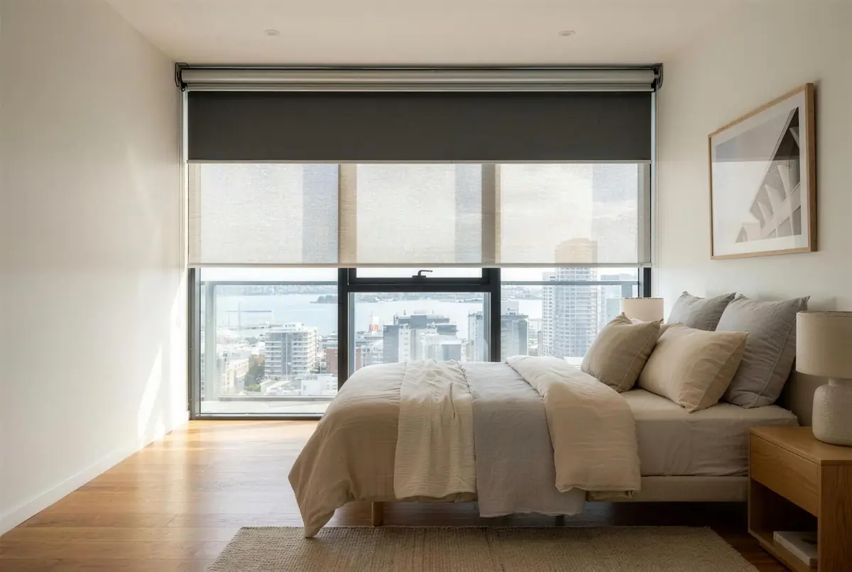 Dual roller blinds in a modern Auckland bedroom — a sunscreen and a blockout roller on one bracket