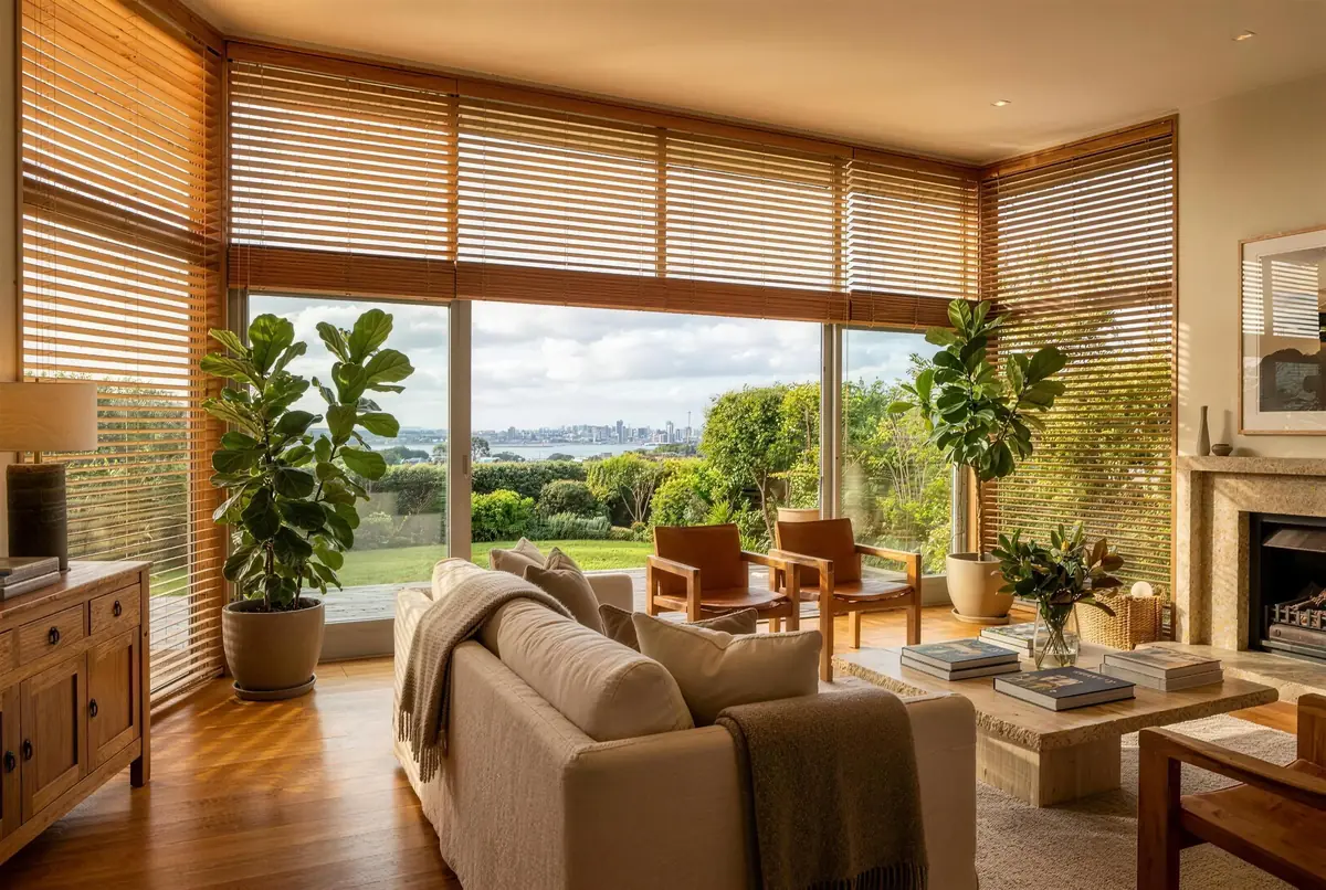Cedar timber venetian blinds in a warm Auckland lounge, slats tilted to filter light