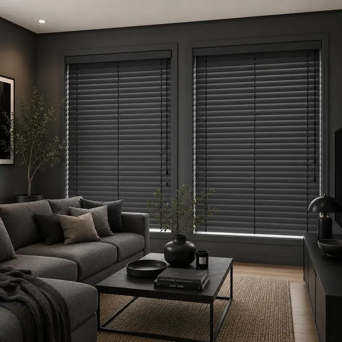 Cedar venetian blinds custom-painted deep charcoal in a dark living room
